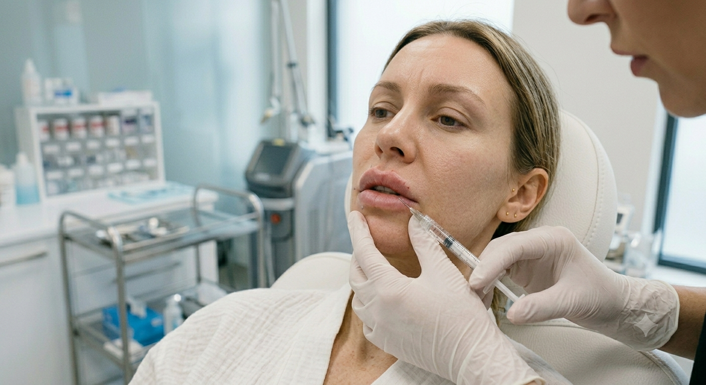 Profesional de medicina estética realizando aumento de labios con ácido hialurónico en clínica