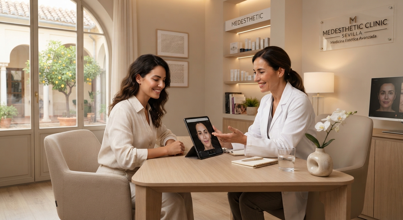 Consulta de medicina estética en Sevilla donde una doctora explica un tratamiento de rejuvenecimiento facial a una paciente sonriente.